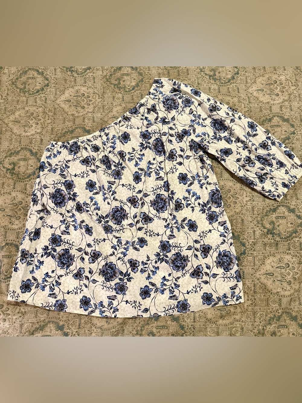 J. Jill Cotton Blend White and Blue Floral Off-Shoulder Blouse